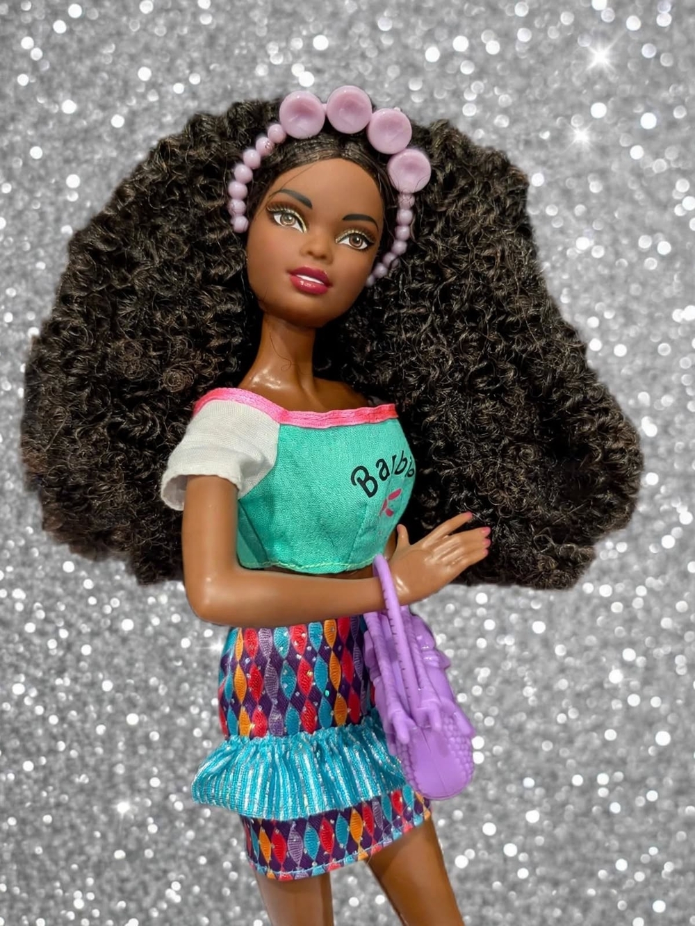 Barbie Multicolor Diamond Skirt Doll with Turquoise Top and Lavender Bag